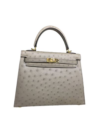 Hermes Kelly 25 Ostrich Leather Palladium Hardware Hand Stitched Bag Grey 522230