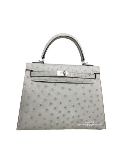 Hermes Kelly 25 Ostrich Leather Palladium Hardware Hand Stitched Bag Grey 522232