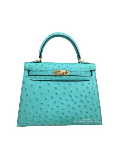 Hermes Kelly 25 Ostrich Leather Palladium Hardware Hand Stitched Bag Light Blue 522231