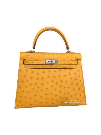 Hermes Kelly 25 Ostrich Leather Palladium Hardware Hand Stitched Bag Yellow 522233