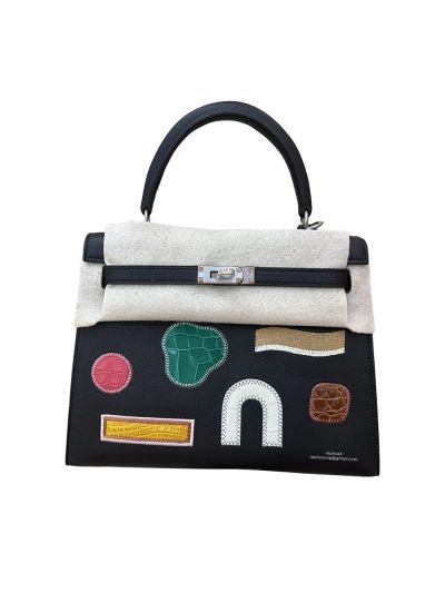 Hermes Kelly 25 Sellier Broderie Colla Noir Swift Niloticus Crocodile Top Handle Shoulder Bag Black 25CM 525060