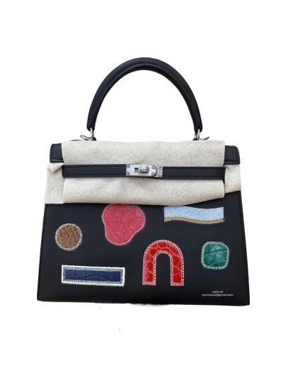 Hermes Kelly 25 Sellier Broderie Colla Noir Swift Niloticus Crocodile Top Handle Shoulder Bag Black 25CM 525062