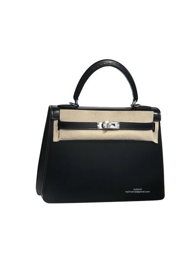 Hermes Kelly 25 So Black Shiny Box Calf Leather Tote Bag 525032
