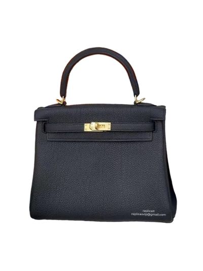 Hermes Kelly 25 Top Handle Shoulder Bag with Hand Stitching Black Togo Leather 25CM 522539
