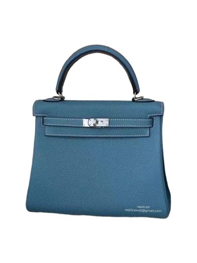 Hermes Kelly 25 Top Handle Shoulder Bag with Hand Stitching Blue Togo Leather 25CM 522548