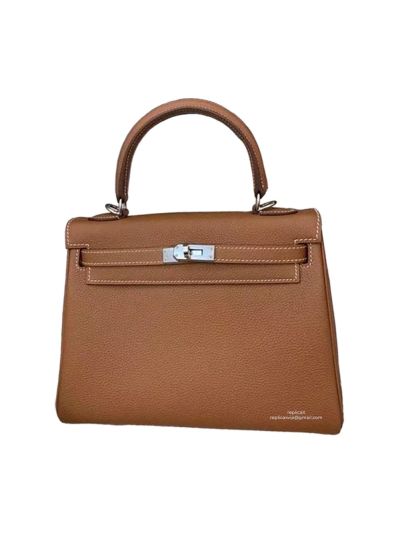 Hermes Kelly 25 Top Handle Shoulder Bag with Hand Stitching Brown Togo Leather 524109