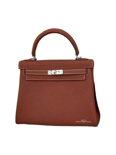 Hermes Kelly 25 Top Handle Shoulder Bag with Hand Stitching Brown Togo Leather 524115