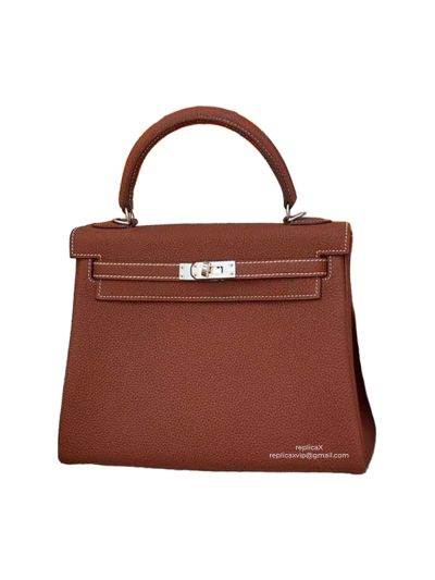 Hermes Kelly 25 Top Handle Shoulder Bag with Hand Stitching Brown Togo Leather 25CM 522546