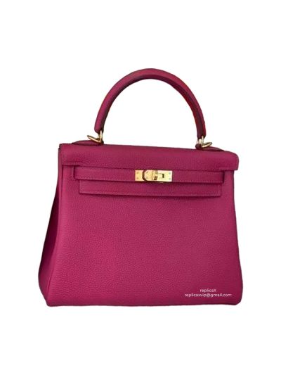 Hermes Kelly 25 Top Handle Shoulder Bag with Hand Stitching Fuchsia Togo Leather 524113