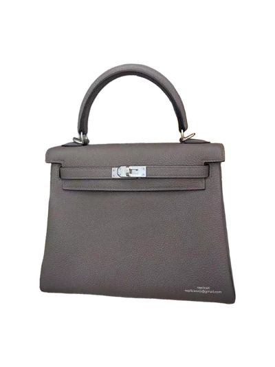 Hermes Kelly 25 Top Handle Shoulder Bag with Hand Stitching Gray Togo Leather 524112