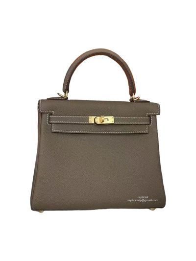 Hermes Kelly 25 Top Handle Shoulder Bag with Hand Stitching Gray Togo Leather 25CM 522541