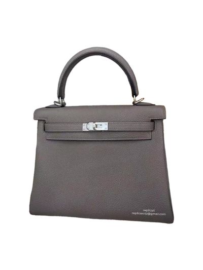 Hermes Kelly 25 Top Handle Shoulder Bag with Hand Stitching Gray Togo Leather 25CM 522543