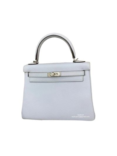 Hermes Kelly 25 Top Handle Shoulder Bag with Hand Stitching Light Blue Togo Leather 25CM 522549