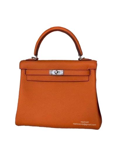 Hermes Kelly 25 Top Handle Shoulder Bag with Hand Stitching Orange Togo Leather 25CM 522547