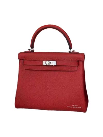 Hermes Kelly 25 Top Handle Shoulder Bag with Hand Stitching Red Togo Leather 524111