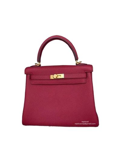 Hermes Kelly 25 Top Handle Shoulder Bag with Hand Stitching Rose Red Togo Leather 25CM 522545