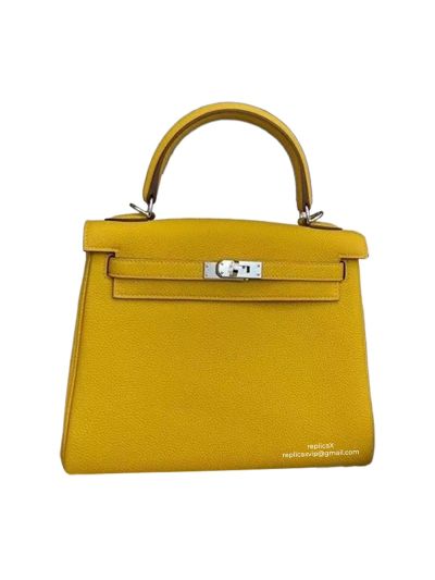 Hermes Kelly 25 Top Handle Shoulder Bag with Hand Stitching Yellow Togo Leather 25CM 522551