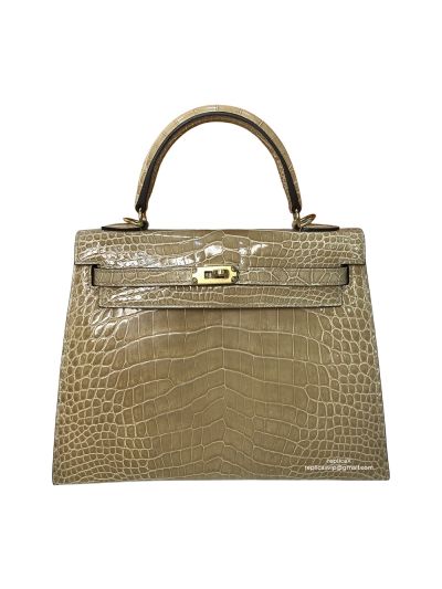 Hermes Kelly 25 Vip Hand Stitching Top Handle Bag Beige Shiny Nilo Crocodile Leather 524126