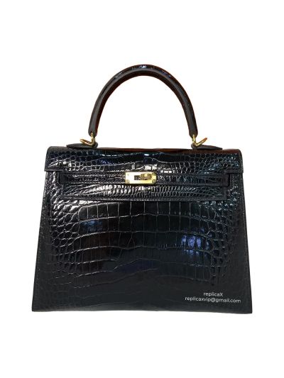 Hermes Kelly 25 Vip Hand Stitching Top Handle Bag Black Shiny Nilo Crocodile Leather 522617
