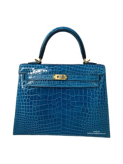 Hermes Kelly 25 Vip Hand Stitching Top Handle Bag Blue Shiny Nilo Crocodile Leather 524124