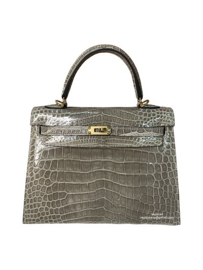 Hermes Kelly 25 Vip Hand Stitching Top Handle Bag Gray Shiny Nilo Crocodile Leather 524122