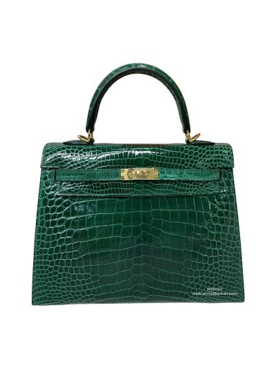 Hermes Kelly 25 Vip Hand Stitching Top Handle Bag Green Shiny Nilo Crocodile Leather 522620