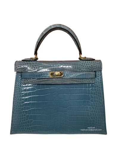 Hermes Kelly 25 Vip Hand Stitching Top Handle Bag Navy Blue Shiny Nilo Crocodile Leather 524129