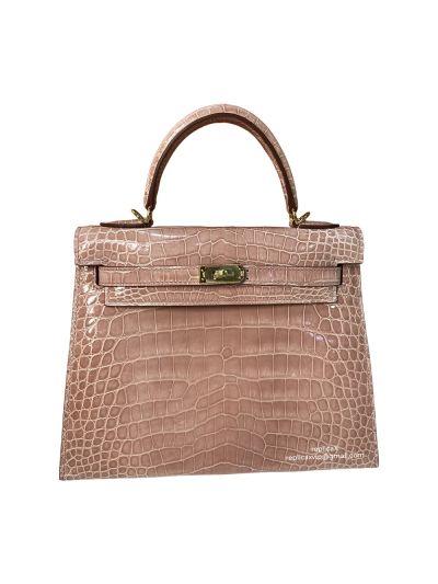 Hermes Kelly 25 Vip Hand Stitching Top Handle Bag Pink Shiny Nilo Crocodile Leather 524123