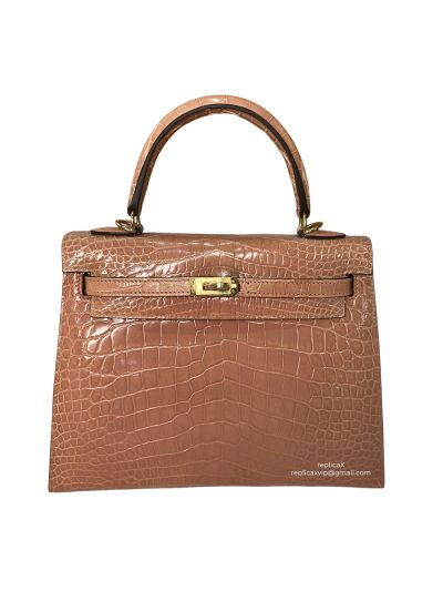  Hermes Kelly 25 Vip Hand Stitching Top Handle Bag Pink Shiny Nilo Crocodile Leather 524128