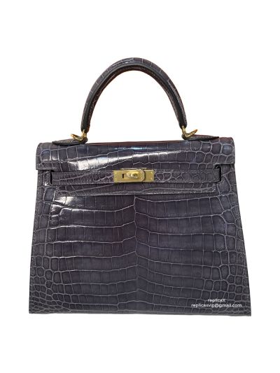 Hermes Kelly 25 Vip Hand Stitching Top Handle Bag Purple Shiny Nilo Crocodile Leather 522611