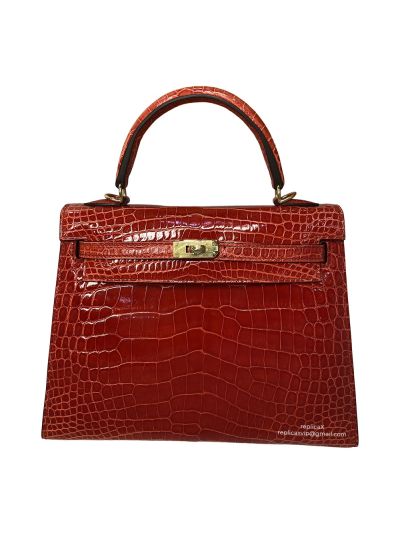 Hermes Kelly 25 Vip Hand Stitching Top Handle Bag Red Shiny Nilo Crocodile Leather 524125