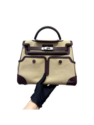 Hermes Kelly 28 Cargo Protective Cover Top Handle Bag Burgundy Ebene Box and Beige Toile Canvas 28CM 525072