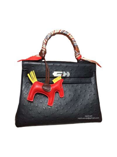 Hermes Kelly 28 Sellier Black Ostrich Leather Gold Hardware 522317