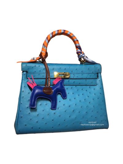 Hermes Kelly 28 Sellier Blue Ostrich Leather Gold Hardware 522318