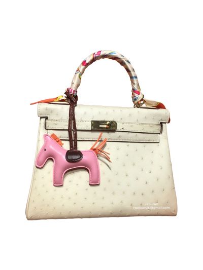 Hermes Kelly 28 Sellier Cream Ostrich Leather Gold Hardware 522316