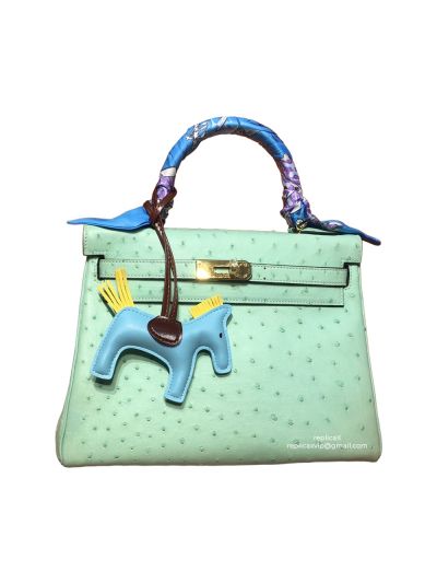 Hermes Kelly 28 Sellier Green Ostrich Leather Gold Hardware 522315