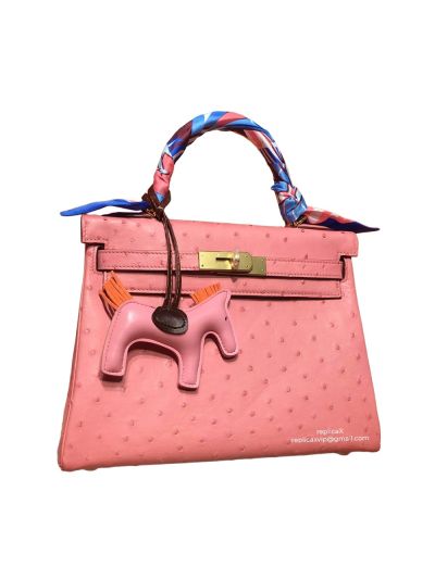 Hermes Kelly 28 Sellier Pink Ostrich Leather Gold Hardware 522314