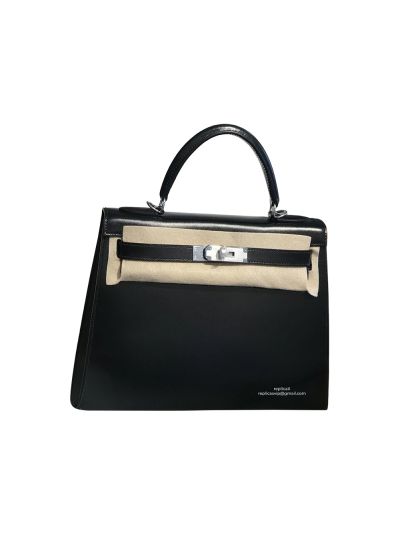 Hermes Kelly 28 So Black Shiny Box Calf Leather Tote Bag 525038