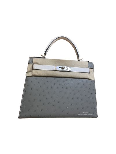 Hermes Kelly 28CM Ostrich Leather Bag Gray 523725