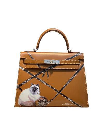 Hermes Kelly 28CM Top Handle Bag with Cat Printed Browm Box Calf Leather 523720