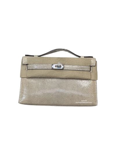 Hermes Kelly 5P Pochette Bubblegum Niloticus Lizard Leather Clutch Bag Beige 22CM 525254