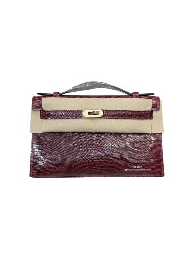 Hermes Kelly 5P Pochette Bubblegum Niloticus Lizard Leather Clutch Bag Burgundy 22CM 525251