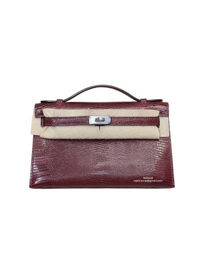 Hermes Kelly 5P Pochette Bubblegum Niloticus Lizard Leather Clutch Bag Burgundy 22CM 525252
