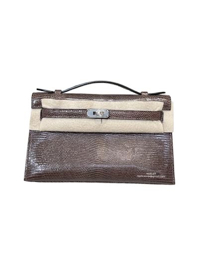 Hermes Kelly 5P Pochette Bubblegum Niloticus Lizard Leather Clutch Bag Dark Brown 22CM 525250