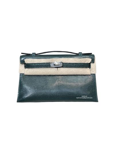 Hermes Kelly 5P Pochette Bubblegum Niloticus Lizard Leather Clutch Bag Dark Green 22CM 525257
