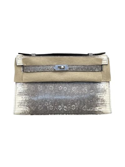 Hermes Kelly 5P Pochette Bubblegum Niloticus Lizard Leather Clutch Bag Gray White 22CM 525248