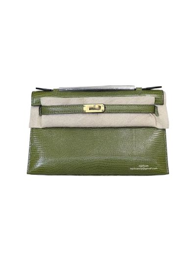 Hermes Kelly 5P Pochette Bubblegum Niloticus Lizard Leather Clutch Bag Green 22CM 525246