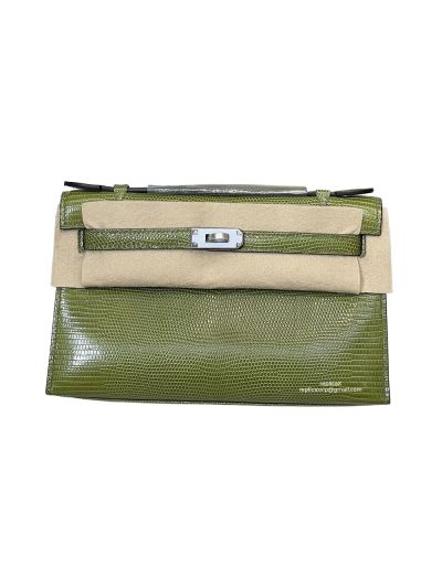 Hermes Kelly 5P Pochette Bubblegum Niloticus Lizard Leather Clutch Bag Green 22CM 525247