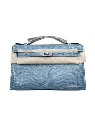 Hermes Kelly 5P Pochette Bubblegum Niloticus Lizard Leather Clutch Bag Light Blue 22CM 525238
