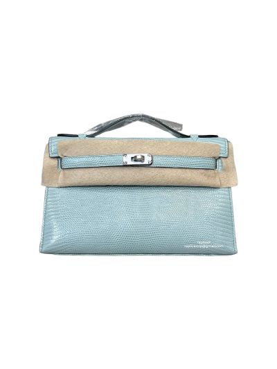 Hermes Kelly 5P Pochette Bubblegum Niloticus Lizard Leather Clutch Bag Light Blue 22CM 525245